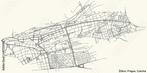Black simple detailed street roads map on vintage beige background of the municipal district Žižkov cadastral area of Prague, Czech Republic
