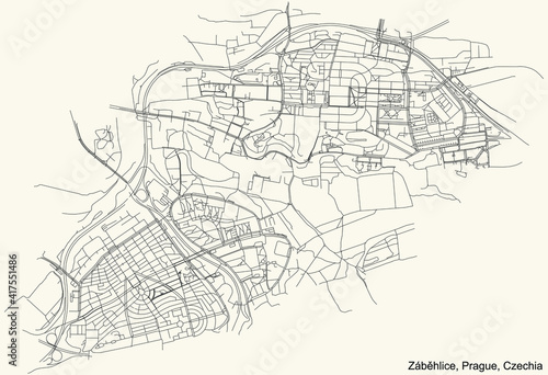Black simple detailed street roads map on vintage beige background of the municipal district Záběhlice cadastral area of Prague, Czech Republic