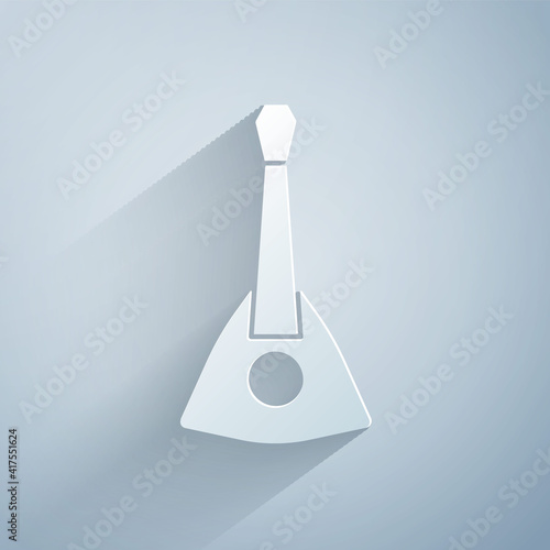 Paper cut Musical instrument balalaika icon isolated on grey background. Paper art style. Vector.