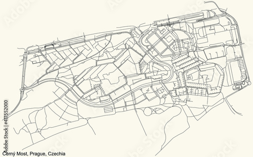 Black simple detailed street roads map on vintage beige background of the municipal district Černý Most cadastral area of Prague, Czech Republic