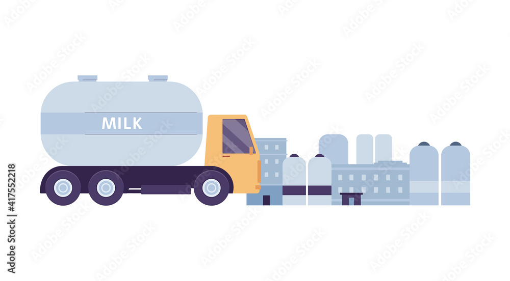 Dairy or milk factory and transport flat vector illustration isolated.
