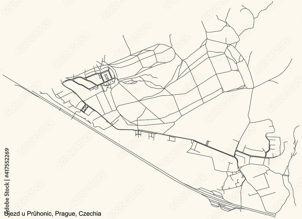 Fototapeta premium Black simple detailed street roads map on vintage beige background of the municipal district Újezd u Průhonic cadastral area of Prague, Czech Republic