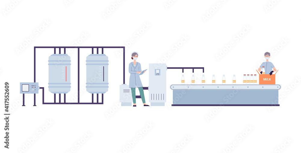 Technology milk food production on industry factory a vector flat illustration