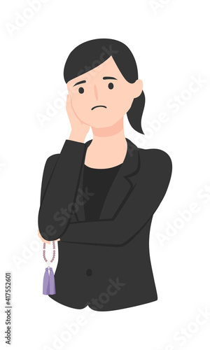 喪服の女性。何かに困っている女性のイラスト。