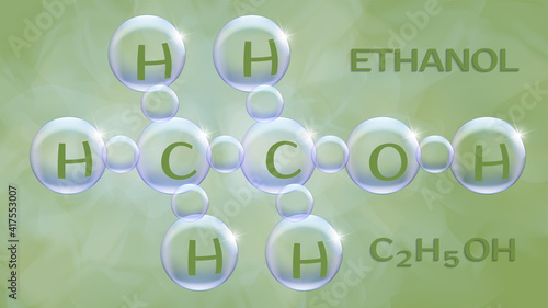 Chemical formula of ethyl alcohol C2H5OH from transparent bubbles with letters on a green muddy wavy background