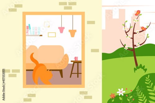 Spring window with a playful cat on the windowsill. Cozy interior in a flat style. Spring cute illustration.