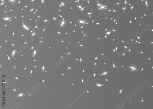 Falling silver confetti, shiny tinsel, and pieces of serpentine, abstract party background. Christmas decoration isolated on dark transparent backdrop. Realistic vector illustration.