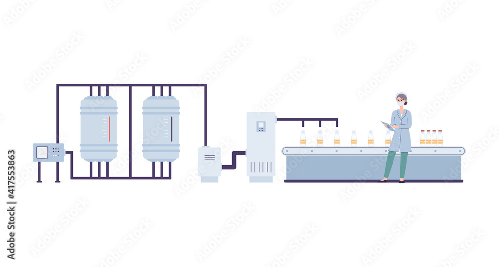 Obraz premium Dairy factory conveyor for filling milk, flat vector illustration isolated.