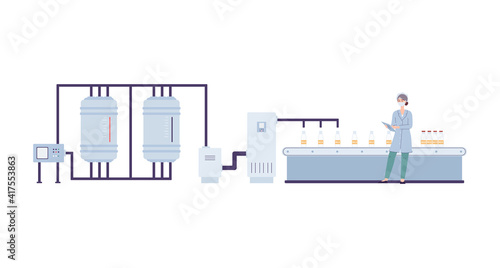 Dairy factory conveyor for filling milk, flat vector illustration isolated.