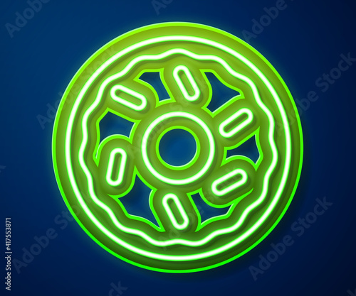 Glowing neon line Donut with sweet glaze icon isolated on blue background. Vector.
