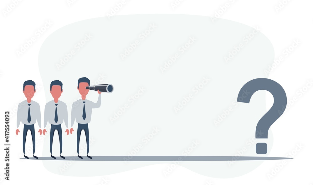 Business vision. Man using telescope looking for success, opportunities, future business trends. Question mark. Confusion and challenge concept. Vector flat design illustration. Business vision. Man using telescope looking for success, opportunities, future business trends. Question mark. Confusion and challenge concept. Vector flat design illustration.
