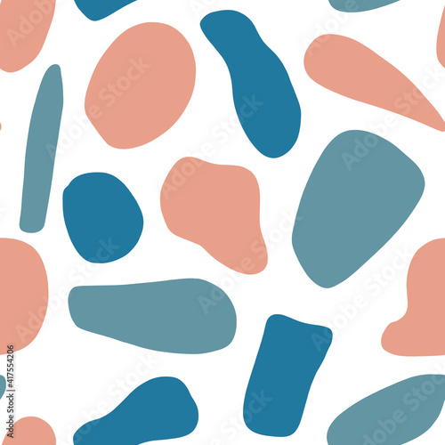 Abstract seamless pattern with hand drawn spots in pastel blue, dark pink on a white background. Organic background. For printing on fabric, packaging design.