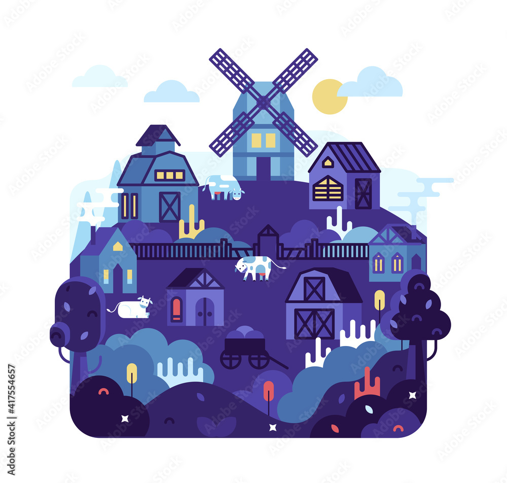 Village with houses, barn and a mill on a hill, vector cartoon flat illustration.