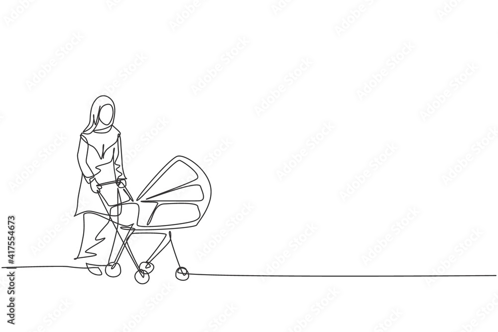 One continuous line drawing of young Arabian mother pushing baby trolley at outdoor park. Islamic Muslim happy loving family parenting concept. Dynamic single line draw design vector illustration One continuous line drawing of young Arabian mother pushing baby trolley at outdoor park. Islamic Muslim happy loving family parenting concept. Dynamic single line draw design vector illustration