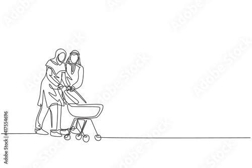 One single line drawing of young Arabian mother and father walk and push baby trolley at outdoor park vector illustration. Islamic Muslim happy family parenting concept. Continuous line draw design