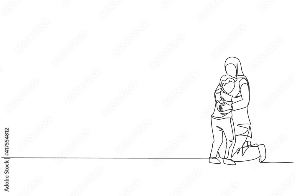 One continuous line drawing of young happy Islamic mom hugg her boy son full of love and warmth. Arabian muslim happy family parenting concept. Dynamic single line draw design vector illustration One continuous line drawing of young happy Islamic mom hugg her boy son full of love and warmth. Arabian muslim happy family parenting concept. Dynamic single line draw design vector illustration