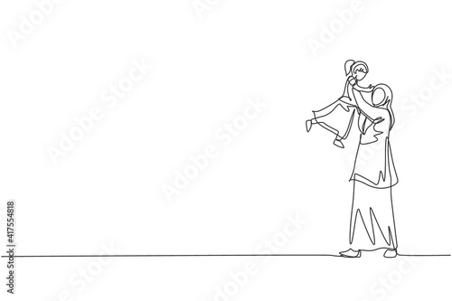 One single line drawing of young Islamic mother playing and lifting her daughter girl up into the air vector illustration. Arabian muslim happy family parenting concept. Continuous line draw design