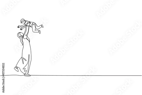 One continuous line drawing of young Arabian mom playing and lifting her boy son up into the air. Islamic muslim happy family parenting concept. Dynamic single line draw design vector illustration