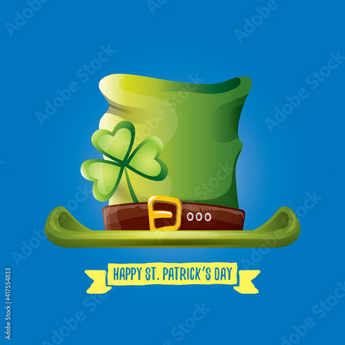 vector saint patricks day green glossy hat clover isolated on blue background. vector vintage leprechaun green cartoon hat