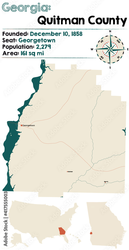Large and detailed map of Quitman county in USA. Stock Vector