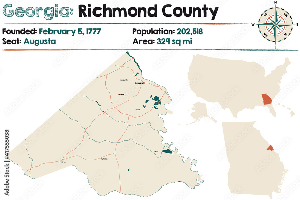 Large and detailed map of Richmond county in Georgia, USA.