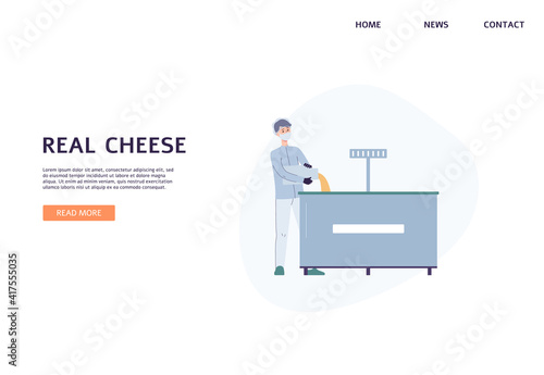 Cheese factory website banner with cartoon worker and industrial machine