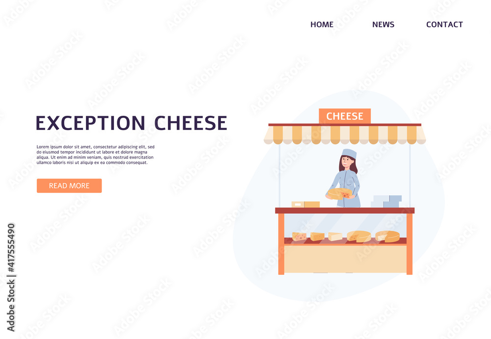 Webpage for creamery with showcase full of cheese flat vector illustration.