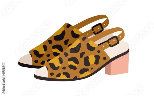 Trendy heeled sandals with buckled slingback and peep-toe. Women's fashion footwear or open summer shoes with animalistic print on extra-wide strap. Colored flat vector illustration isolated on white