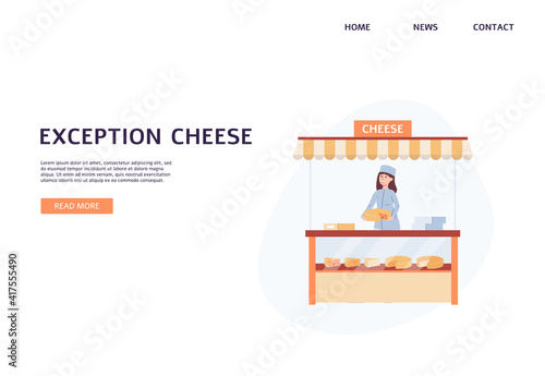 Webpage for creamery with showcase full of cheese flat vector illustration.