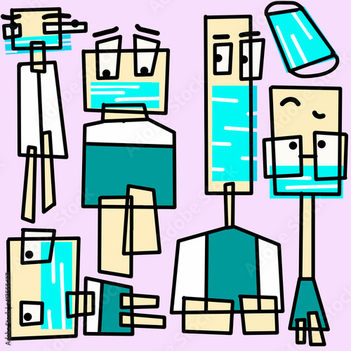 Vector illustration to create mosaics or patterns with medical motifs, hospital, doctor, health personnel. Medical team .. Management of the pandemic. Covid. Coronavirus