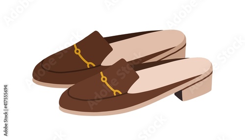 Trendy backless mule shoes or slip-on loafers with metallic buckle and low heel. Fashion women's summer footwear. Colored flat vector illustration isolated on white background