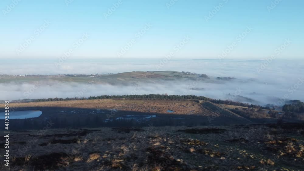 Lancashire farming countryside aerial cloudy misty valley moorland hillside landscape rising left dolly Lancashire farming countryside aerial cloudy misty valley moorland hillside landscape rising left dolly
