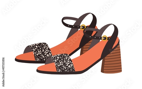 Trendy heeled sandals with buckled ankle straps and open toe. Women's fashion footwear or summer shoes decorated with glitter. Colored flat vector illustration isolated on white background