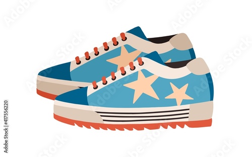 Trendy and fashion women's sneakers with thick sole. Side view of modern sport shoes or footwear. Colored flat vector illustration of fashionable trainers isolated on white background