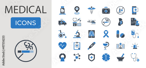 Medical Related Vector Glyph Icons Set. Contains such Icons as MRI, Prescription, Surgery, Wheelchair, Special Diet, Hospital Locator, No Smoking Sign, Hospital, Stethoscope and more. Editable EPS.