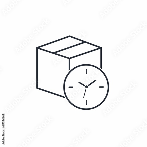 Box, watch. Concept of delayed delivery, time for receiving parcels. Vector icon isolated on white background. 