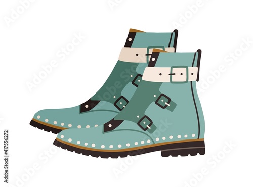 Trendy women ankle-length boots with flat sole, cap toe and monk straps or buckles. Side view of modern fashion footwear. Colored vector illustration of stylish shoes isolated on white background