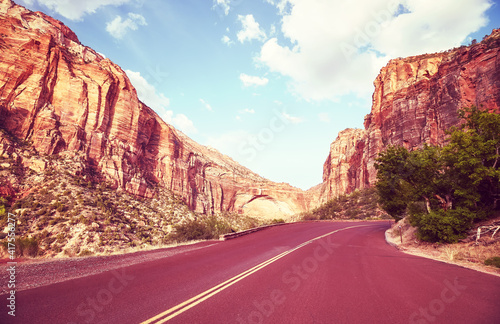 Scenic drive in Zion National Park, color toning applied, Utah, US.