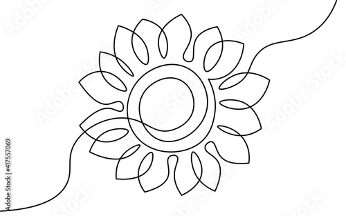 One line sunflower element. Black and white monochrome continuous single line art. Floral nature Woman day gift romantic date illustration sketch outline drawing