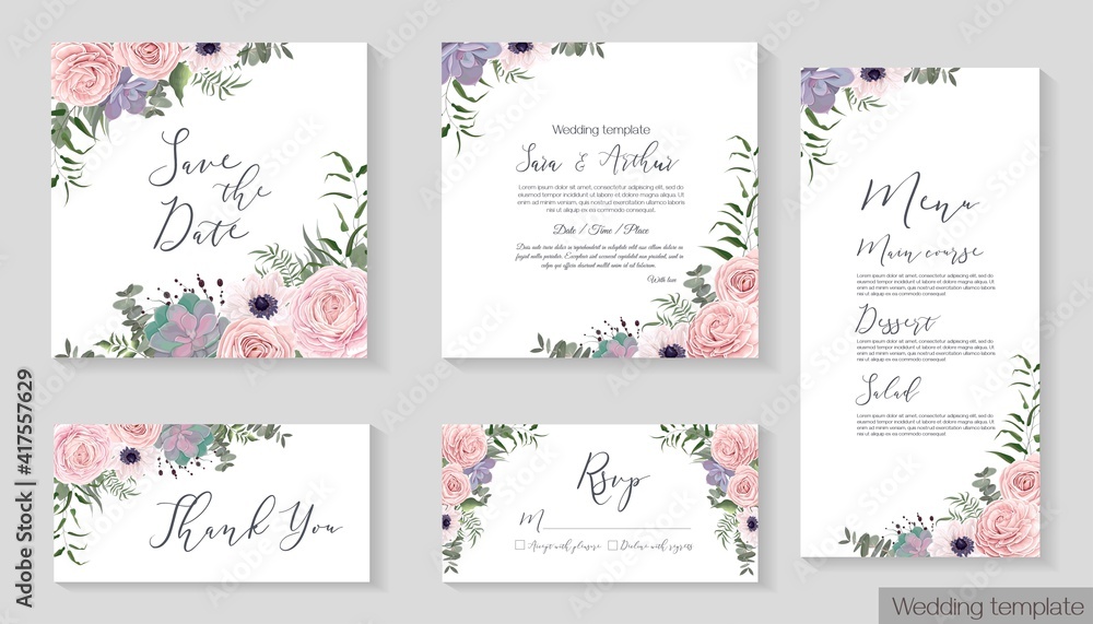 Vector floral template for wedding invitation. Pink roses, anemones, succulents, berries, green leaves and plants. Invitation card, thanks, rsvp, menu.