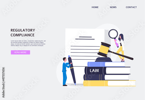 Regulatory compliance website banner with tiny people flat vector illustration.