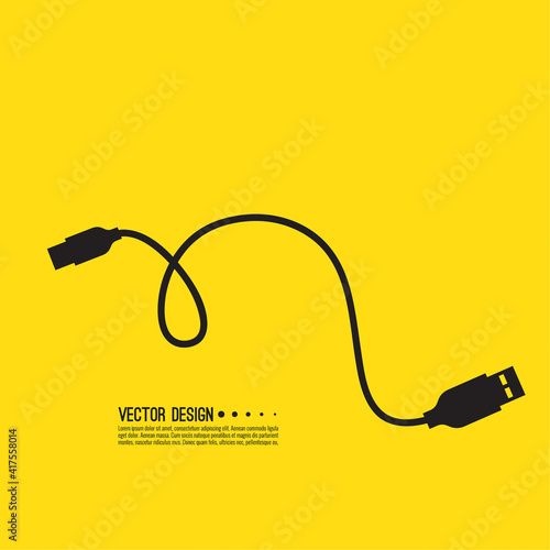 Micro usb cable for charging electronic gadgets. Vector illustration of a wire on a yellow background.