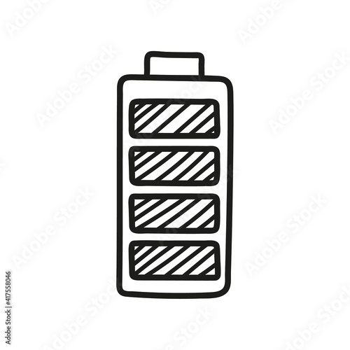 Vector battery icon with charge indicator in sketch style. Hand drawn battery isolated on white background.