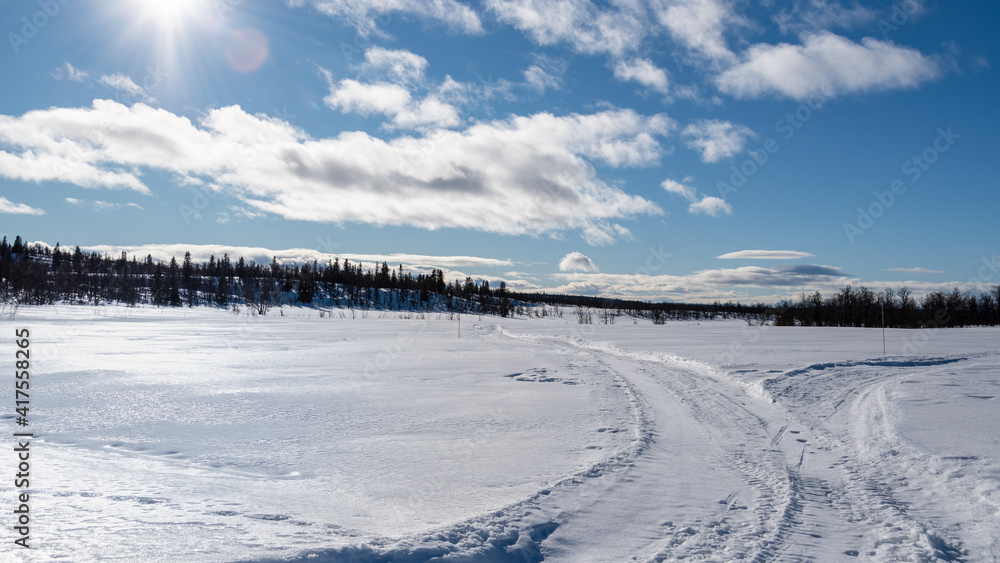 Skiing trip winter landscape with snow and sunshine