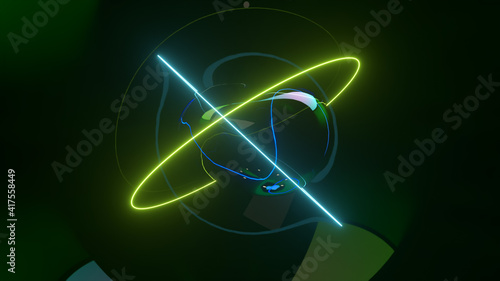 Abstract background with morphing dark spheres illuminated by neon rings. 3d illustration © flashmovie