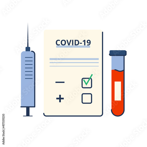 Time of vaccination against covid-19. Virus protection. Checking for antibodies and test result. Isolated concept on white background. Vector illustration