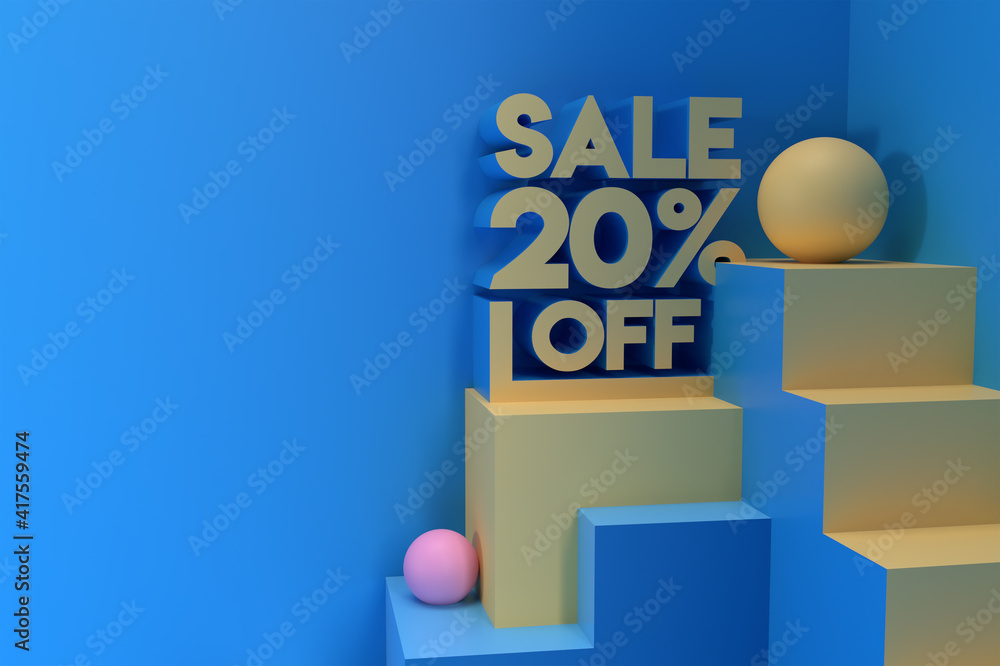 3D Render Abstract 20% Sale OFF Discount Banner 3D Illustration Design.
