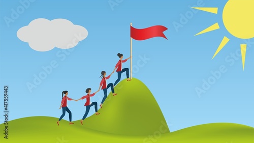 Group of women climbing uphill holding each others hands. They put red flag at the top to indicate success. Vector illustration EPS10.