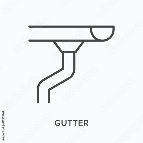Gutter flat line icon. Vector outline illustration of pipe. Black thin linear pictogram for rain drainage photo