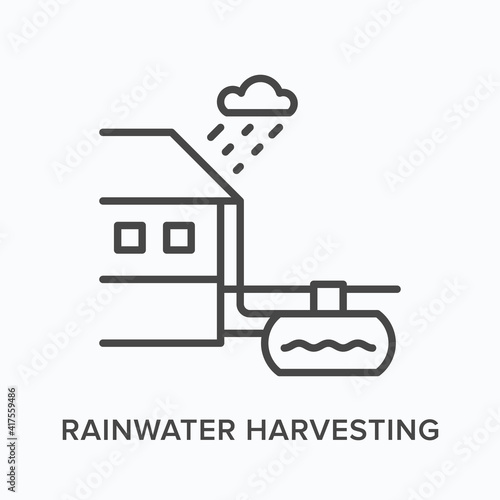 Rainwater harvesting flat line icon. Vector outline illustration of house and water tank. Black thin linear pictogram for aqua save